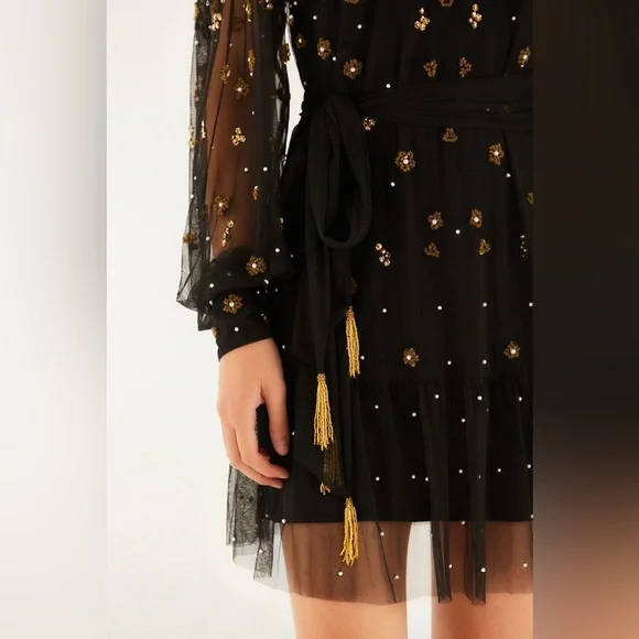 FARM RIO Black Embroidered Tulle Overlay Belted Long Sleeve Mini Dress,Small,398 - Picture 2 of 16